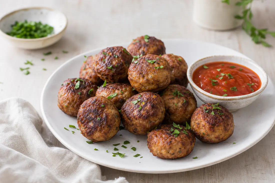 Albóndigas doradas servidas en un plato blanco con perejil picado, listas para añadir a una salsa de tomate