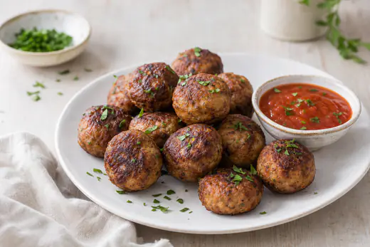 Albóndigas doradas servidas en un plato blanco con perejil picado, listas para añadir a una salsa de tomate