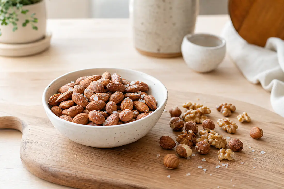 Almendras tostadas con piel en un cuenco de cerámica, con sal en escamas y un puñado de avellanas y nueces al lado