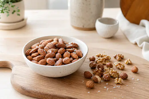 Almendras tostadas con piel en un cuenco de cerámica, con sal en escamas y un puñado de avellanas y nueces al lado