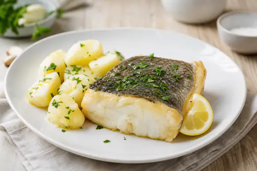 Un lomo de bacalao dorado con limón y perejil, servido en un plato blanco con patatas cocidas