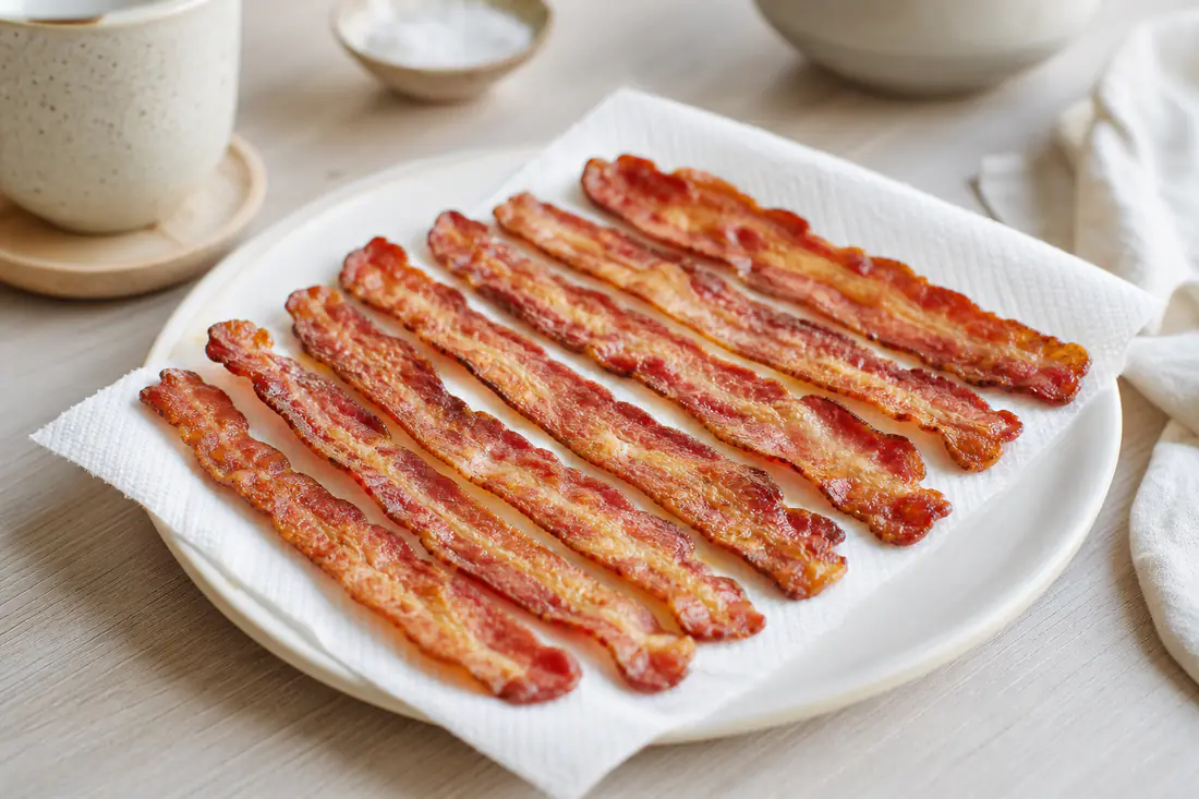 Lonchas de bacon crujiente y doradas colocadas sobre papel de cocina en un plato