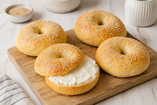 Bagels caseros dorados con semillas de sésamo sobre una tabla de madera, uno abierto y untado con queso crema