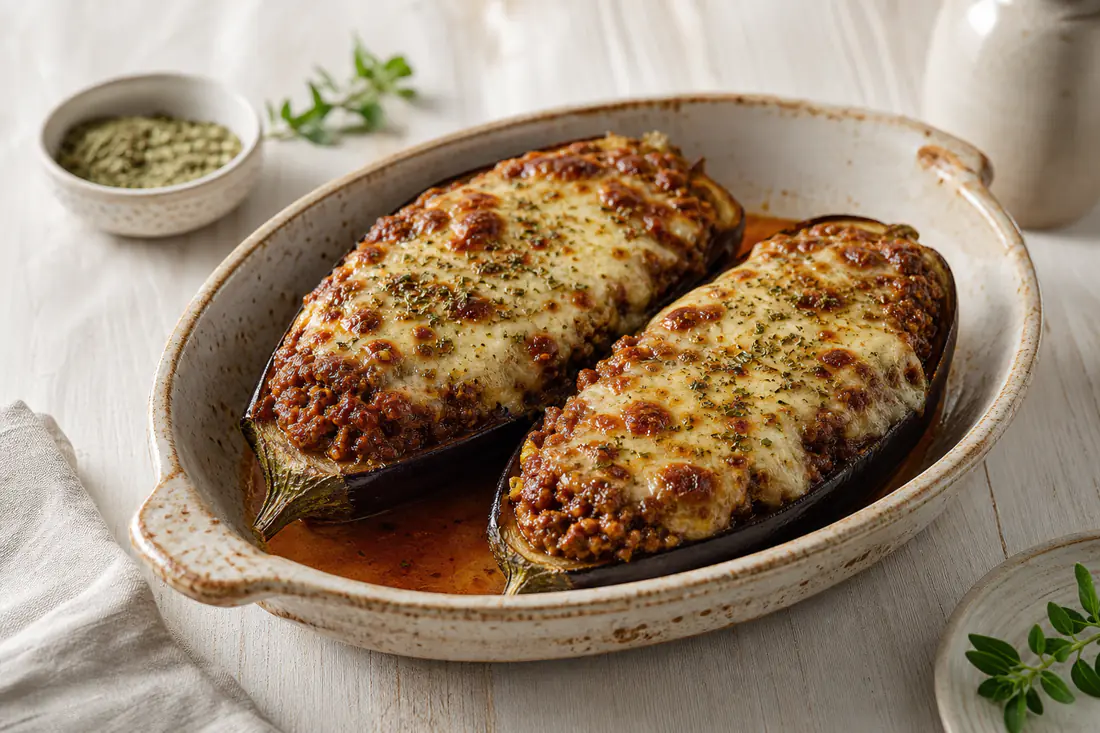 Mitades de berenjena rellenas de carne picada con tomate y gratinadas con queso dorado, servidas en una fuente con orégano