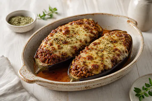 Mitades de berenjena rellenas de carne picada con tomate y gratinadas con queso dorado, servidas en una fuente con orégano