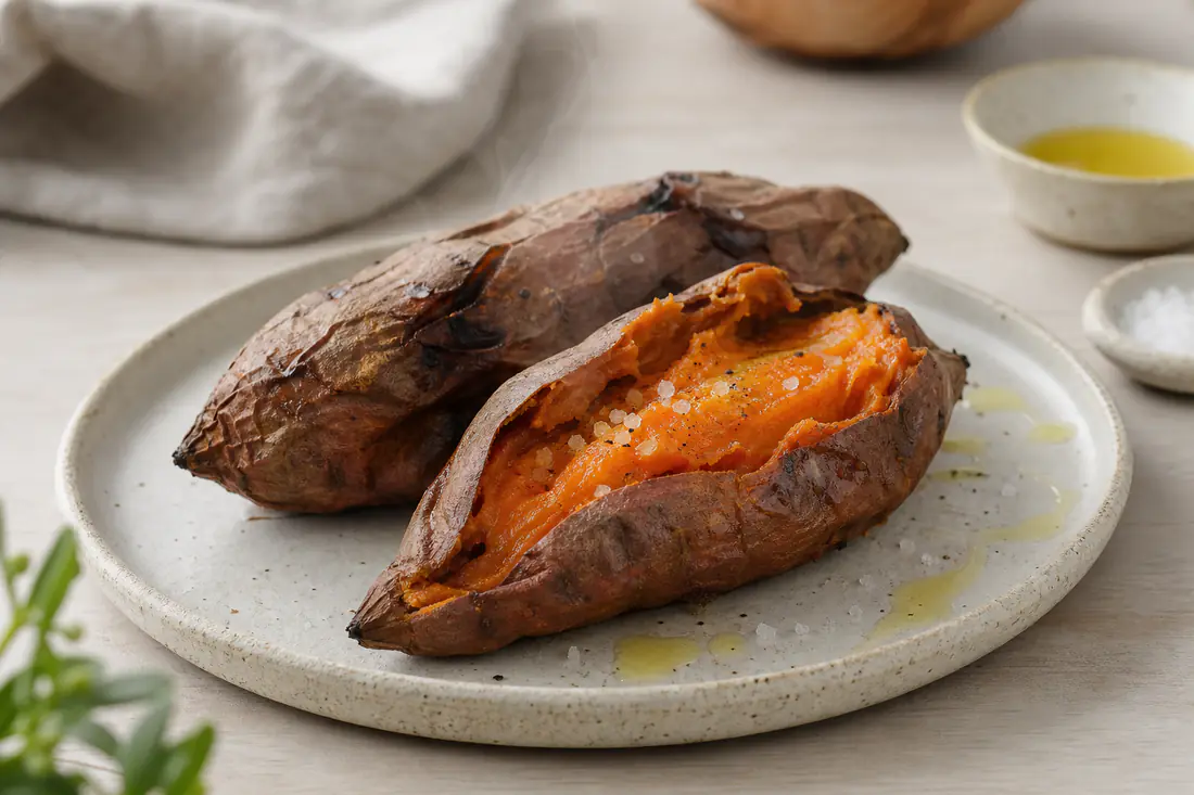 Dos boniatos asados enteros, abiertos por la mitad, con la pulpa naranja humeante, sobre un plato con un poco de aceite de oliva y sal