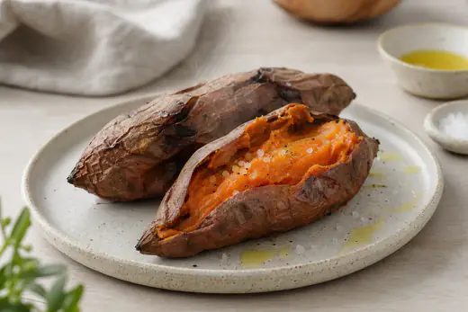 Dos boniatos asados enteros, abiertos por la mitad, con la pulpa naranja humeante, sobre un plato con un poco de aceite de oliva y sal