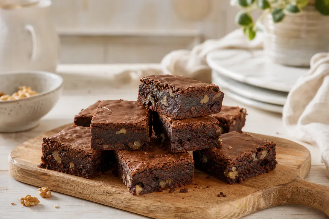 Brownies de chocolate cortados en cuadrados sobre una tabla de madera, con nueces troceadas y un centro húmedo
