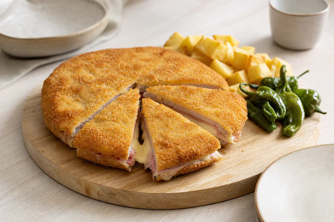 Cachopo individual redondo, dorado y empanado, cortado en cuñas con queso fundido y jamón, con patatas fritas