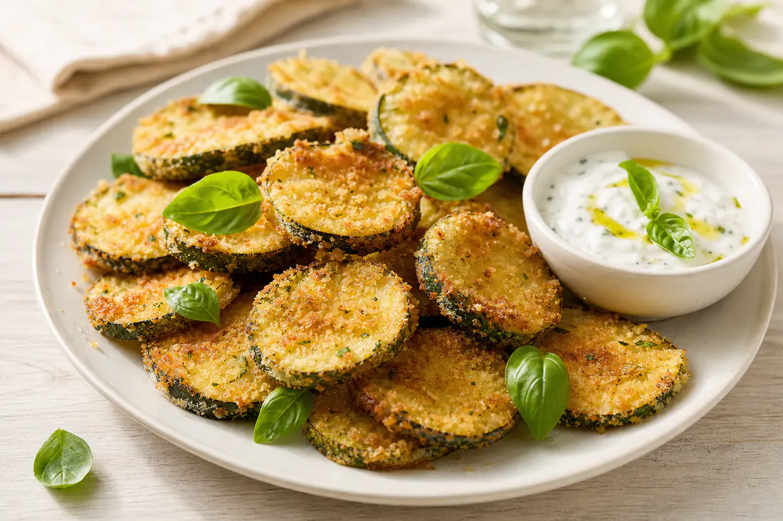 Rodajas de calabacín doradas con queso curado rallado y pimienta, en un plato blanco con hojas de albahaca