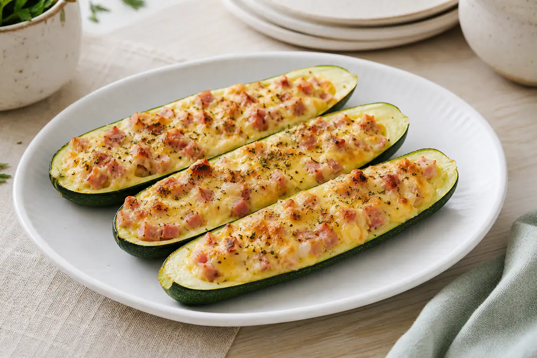 Mitades de calabacín rellenas de jamón cocido y queso gratinado y dorado, servidas en una fuente con un poco de orégano