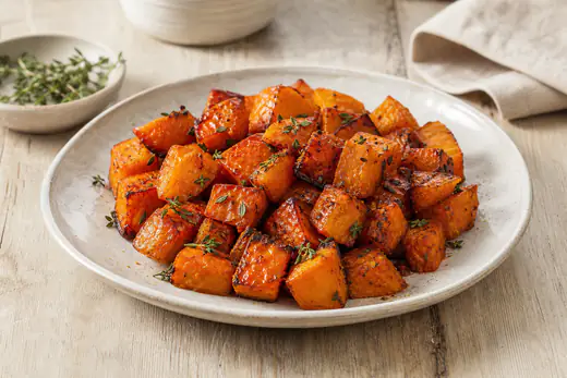 Cubos de calabaza asada con bordes caramelizados, pimentón y tomillo, en un plato de cerámica sobre una mesa de madera