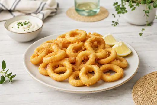 Anillas de calamar rebozadas y doradas servidas en un plato con rodajas de limón y una salsa alioli
