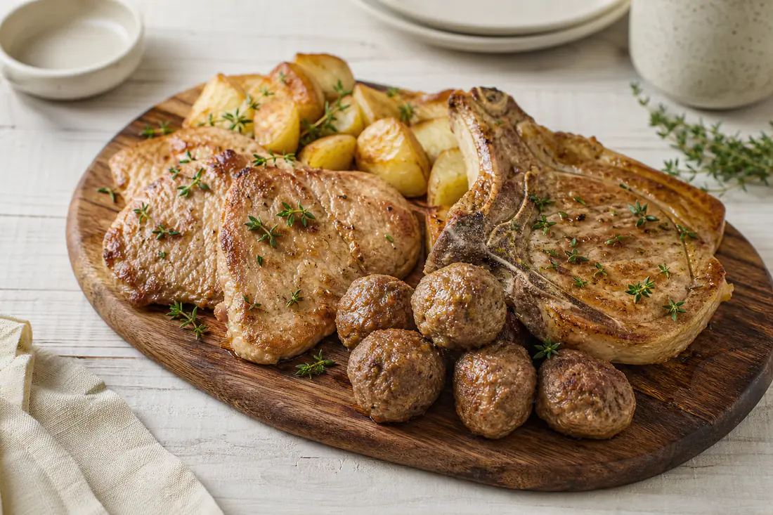 Filetes de ternera dorados, chuletas y albóndigas servidos en una tabla de madera con patatas y tomillo