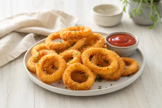 Aros de cebolla rebozados y dorados, apilados en un plato con un cuenco de salsa de tomate y mayonesa al lado