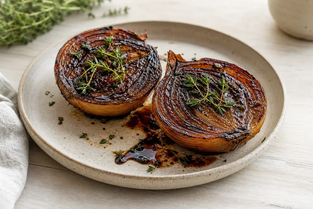 Mitades de cebolla asada con la superficie caramelizada y oscura, tomillo fresco y un chorrito de vinagre balsámico en un plato