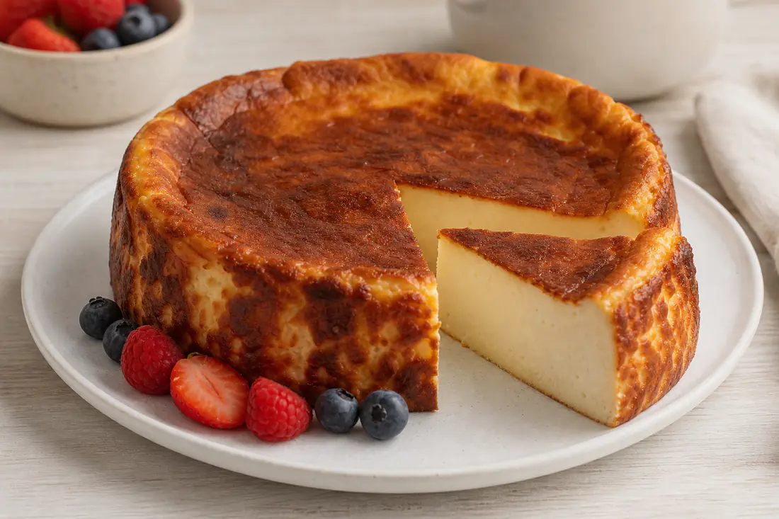 Tarta de queso cremosa con la superficie dorada, cortada en porciones sobre un plato blanco con frutos rojos