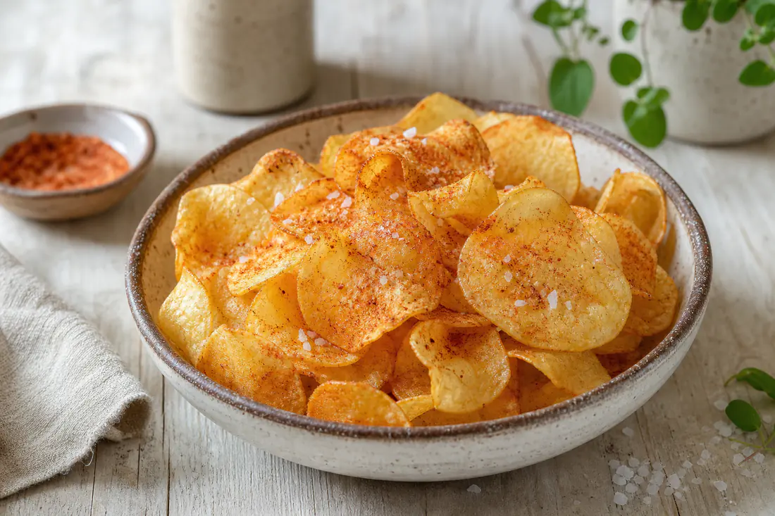 Cuenco de chips de patata caseras, finas y doradas, con sal en escamas, sobre una mesa de cocina de madera