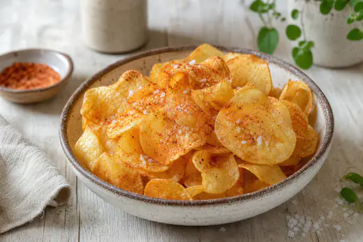 Cuenco de chips de patata caseras, finas y doradas, con sal en escamas, sobre una mesa de cocina de madera
