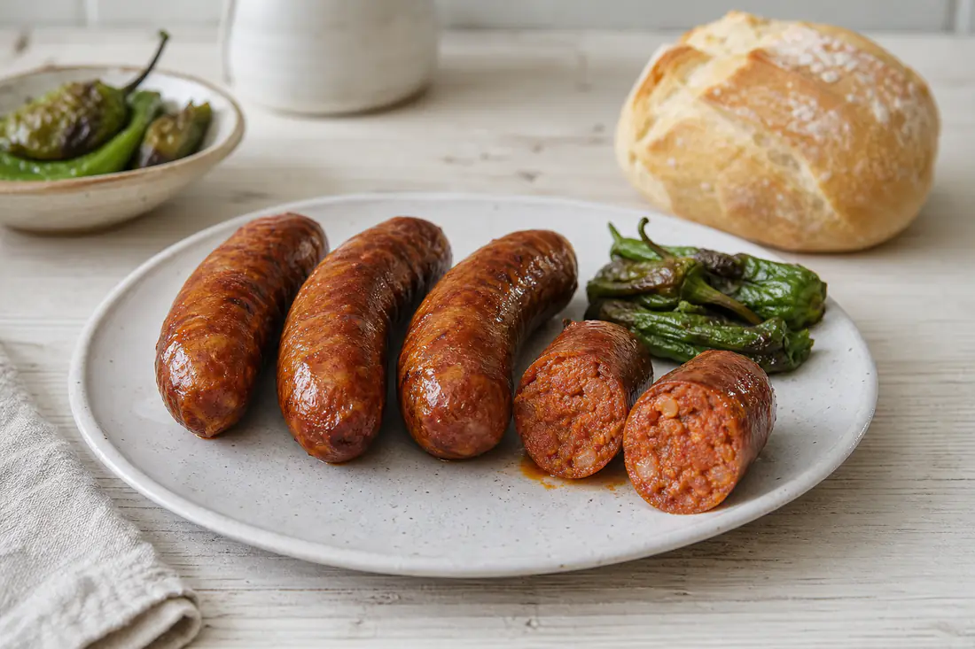 Cuatro chorizos frescos dorados, uno cortado por la mitad para mostrar la carne jugosa, con un panecillo y pimientos asados