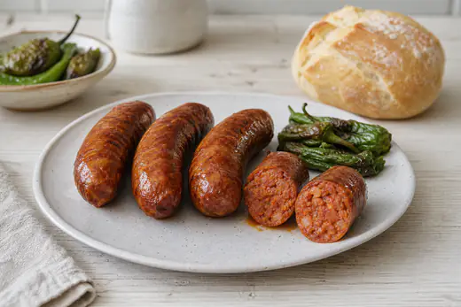 Cuatro chorizos frescos dorados, uno cortado por la mitad para mostrar la carne jugosa, con un panecillo y pimientos asados
