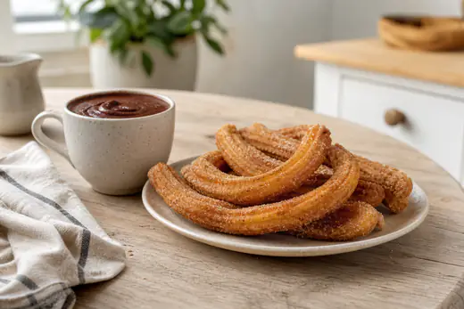 Churros dorados rebozados en azúcar y canela, servidos en un plato junto a una taza de chocolate caliente espeso
