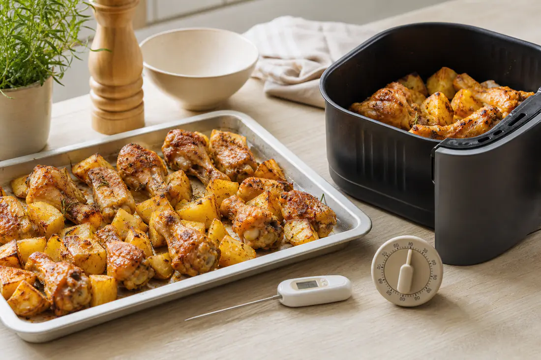 Bandeja de horno con patatas y pollo troceado junto a una freidora de aire abierta con la misma comida dorada