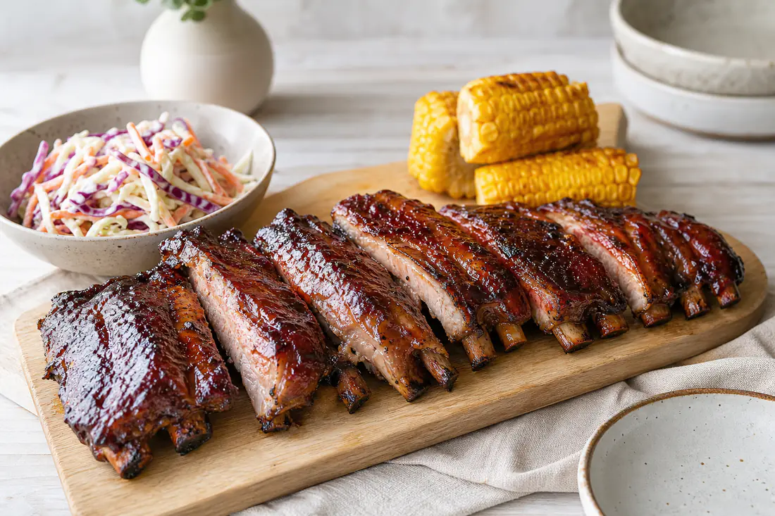 Tiras de costillas de cerdo glaseadas con salsa barbacoa, brillantes y doradas, con una ensalada de col al lado