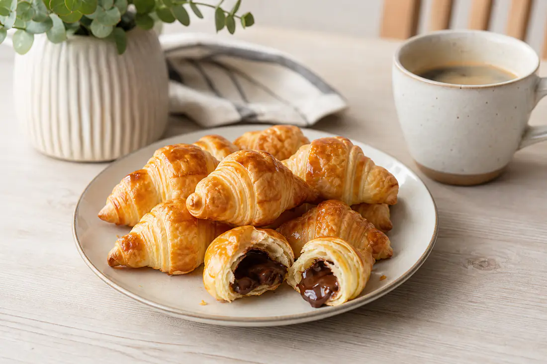 Mini croissants de hojaldre dorados y brillantes, uno partido con chocolate fundido, junto a una taza de café