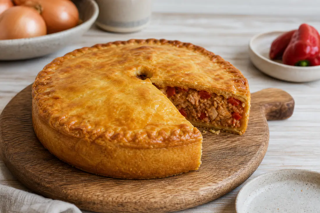 Empanada gallega redonda de atún, dorada y cortada en porciones, sobre una tabla de madera con un trozo desmoldado mostrando el relleno