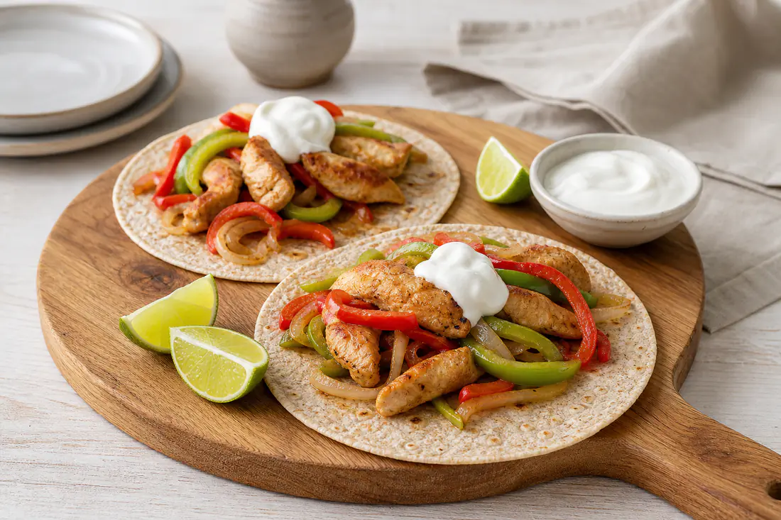 Tortillas de trigo abiertas con tiras de pollo, pimientos rojos y verdes y cebolla, con yogur y lima