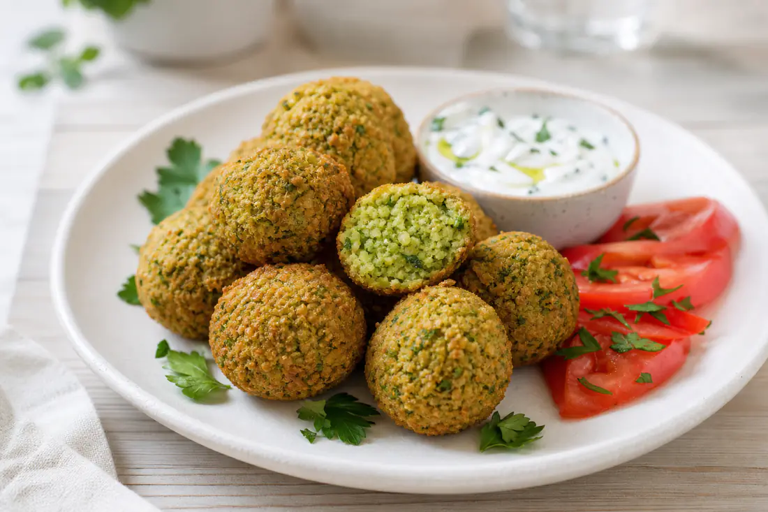 Bolitas de falafel doradas, una partida por la mitad para mostrar el interior verde, con salsa de yogur y tomate en un plato