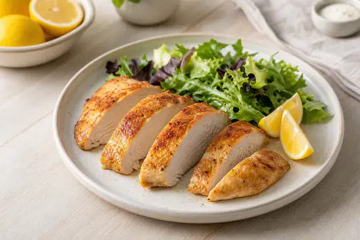 Filetes de pechuga de pavo dorados, cortados en diagonal, con gajos de limón y una ensalada verde