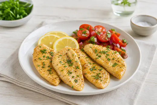Cuatro filetes finos de pollo dorados en un plato, con rodajas de limón y perejil picado por encima