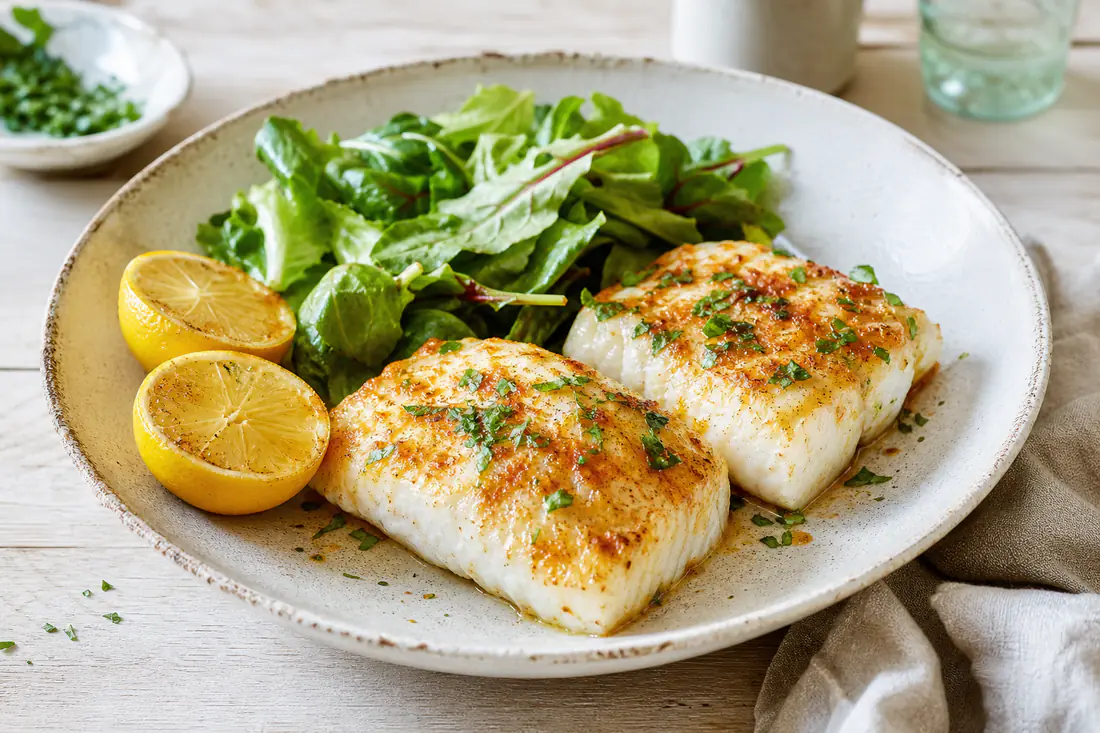 Dos lomos gruesos de merluza dorados con perejil y pimentón, acompañados de medio limón y una ensalada verde