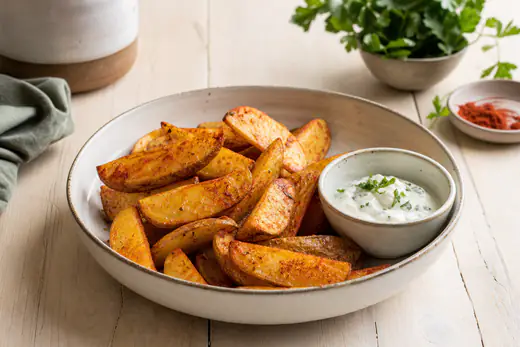Gajos de patata con piel, dorados y sazonados con pimentón, servidos en un plato hondo con salsa de yogur