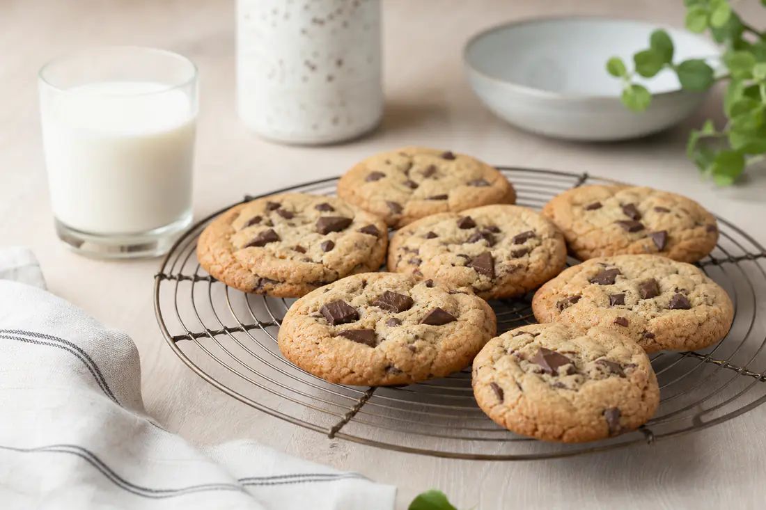Galletas redondas con pepitas de chocolate, doradas por los bordes, sobre una rejilla de enfriar con un vaso de leche
