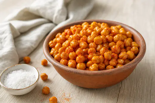 Un cuenco de barro con garbanzos dorados y crujientes, especiados con pimentón, sobre una mesa de cocina