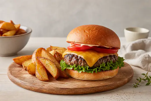 Hamburguesa de ternera con queso fundido, lechuga y tomate en un pan redondo, servida con patatas fritas