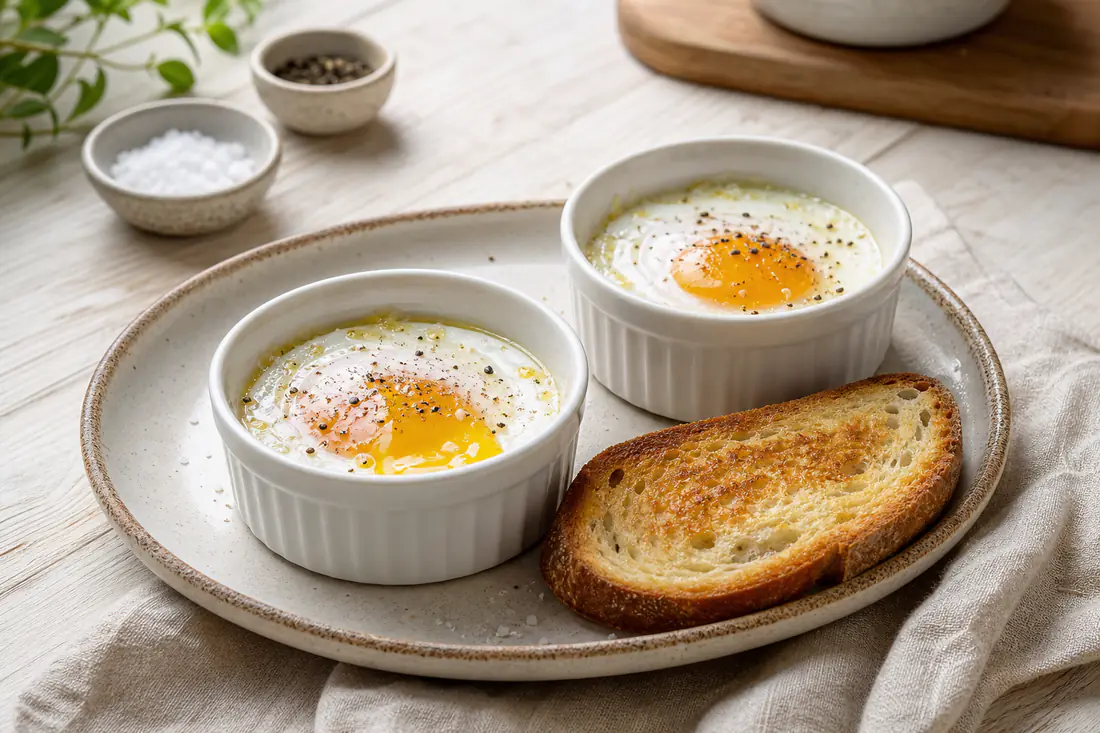 Dos huevos fritos con la yema líquida en pequeños ramequins, servidos con una rebanada de pan tostado y una pizca de sal