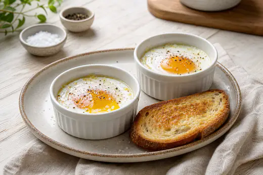 Dos huevos fritos con la yema líquida en pequeños ramequins, servidos con una rebanada de pan tostado y una pizca de sal