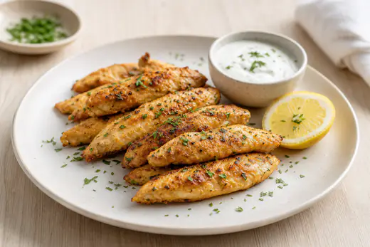 Solomillos de pollo adobados y dorados, alargados y apilados en un plato, con una rodaja de limón y perejil
