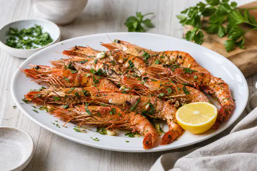 Langostinos con cáscara asados, con ajo y perejil picado, sobre una fuente blanca con medio limón