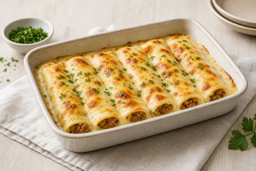 Canelones de carne gratinados con bechamel y queso dorado en un molde individual, con perejil picado por encima