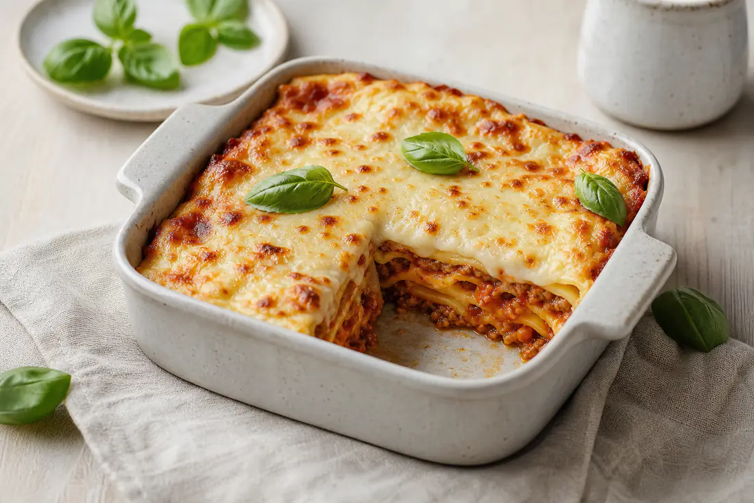 Lasaña gratinada en un molde individual, con capas de carne y bechamel y el queso dorado por encima, junto a hojas de albahaca