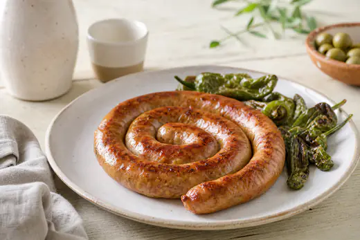 Longaniza fresca enrollada en espiral, dorada, servida en un plato con pimientos verdes asados
