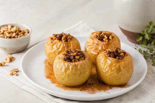 Cuatro manzanas asadas rellenas de nueces y pasas, con la piel arrugada y brillante de miel, servidas en un plato con canela