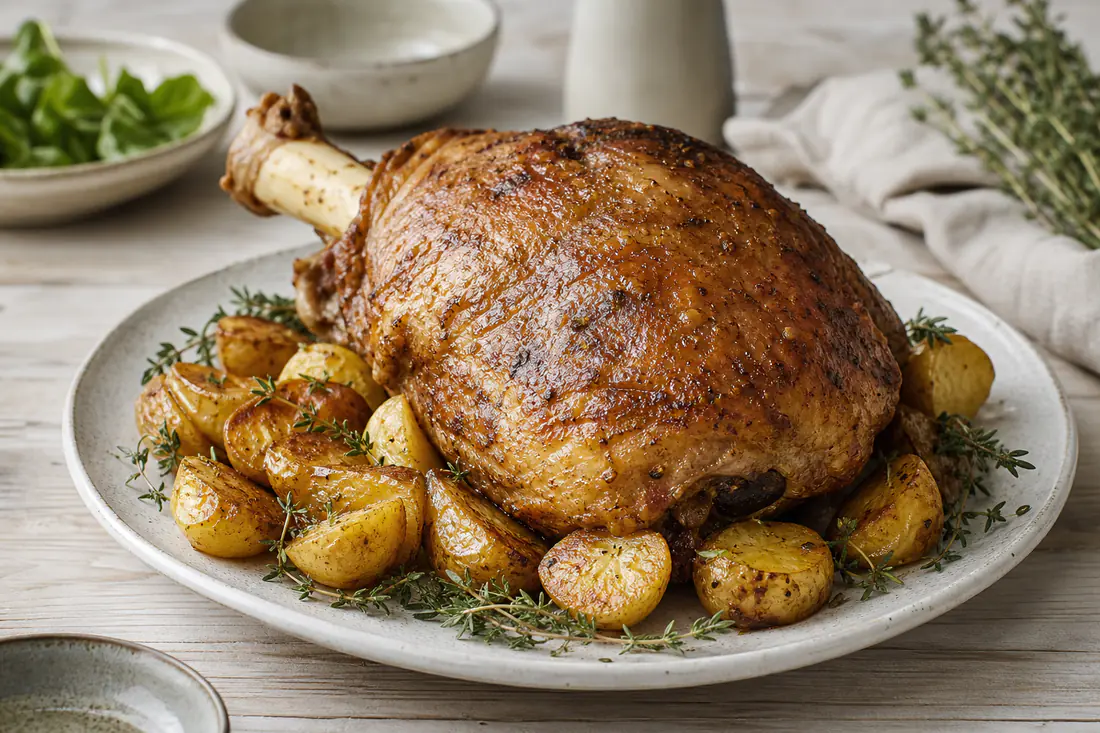Muslo de pavo con la piel dorada y crujiente servido en un plato con patatas panadera y tomillo
