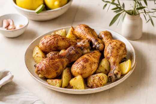 Muslos de pollo con hueso, de piel dorada y crujiente, servidos en un plato con patatas y un cuarto de limón