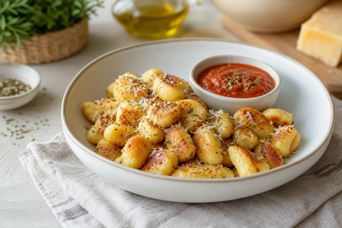 Ñoquis de patata crujientes y dorados en un plato hondo, con queso parmesano rallado, orégano y una salsa de tomate al lado